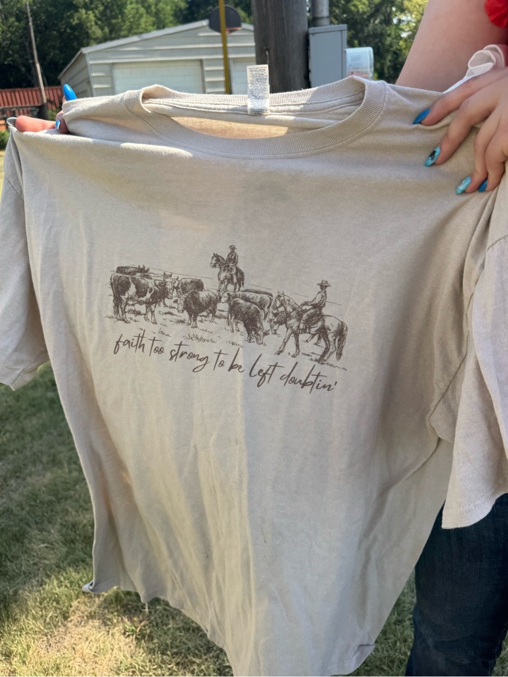 Jerzees Beige Graphic Tee with Rodeo Cattle Print